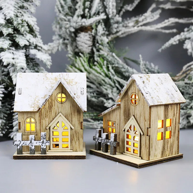 Christmas LED Light Wooden House Luminous Cabin Christmas Decorations for Home DIY Xmas Tree Ornaments New Year 2023 Kids Gifts